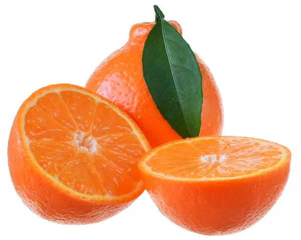 Skär Mandarin Citrus Med Blad Isolerad Vit Bakgrund — Stockfoto