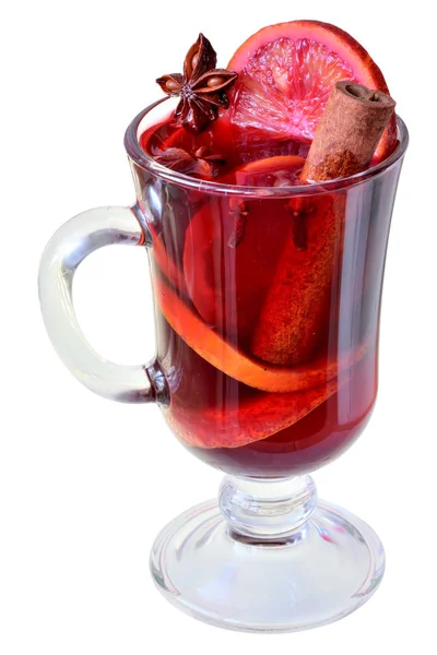 Băutură Fierbinte Fierte Vin Roșu Condimente Portocaliu Roșu Într Pahar — Fotografie, imagine de stoc