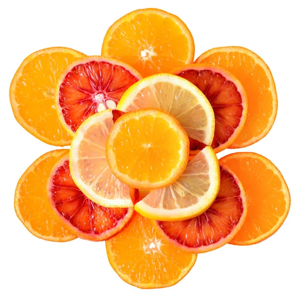Limone tagliato, arancia rossa e mandarino isolati — Foto Stock
