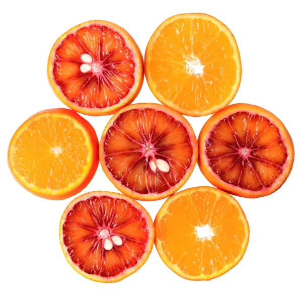 Cut of blood orange and mandarin isolated top view — Stock Photo, Image