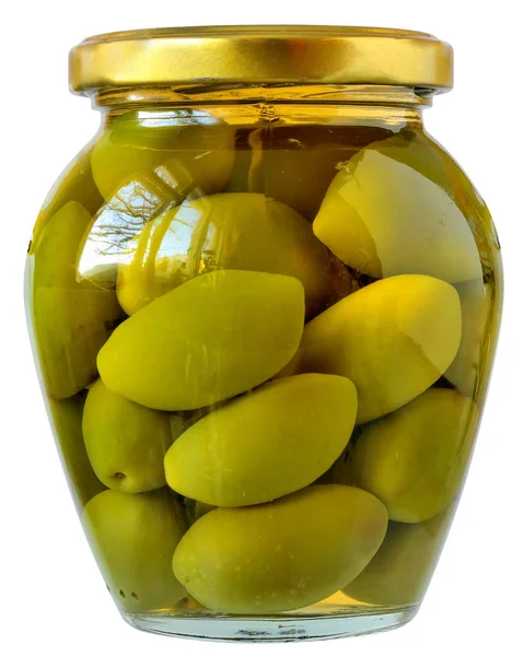 Grandi olive verdi in un vaso di vetro isolato — Foto Stock