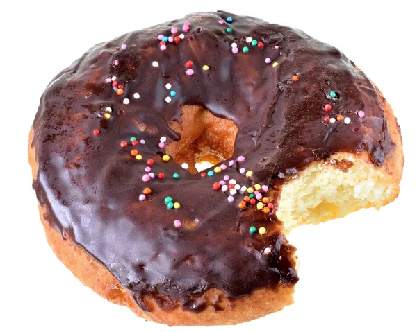 Bitten chocolate donut täckt med isbildning isolerade — Stockfoto