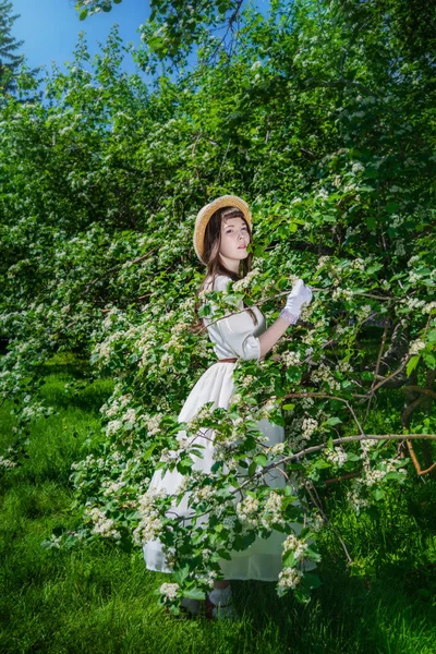 Ragazza in un abito bianco vicino cespuglio di biancospino in fiore — Foto Stock