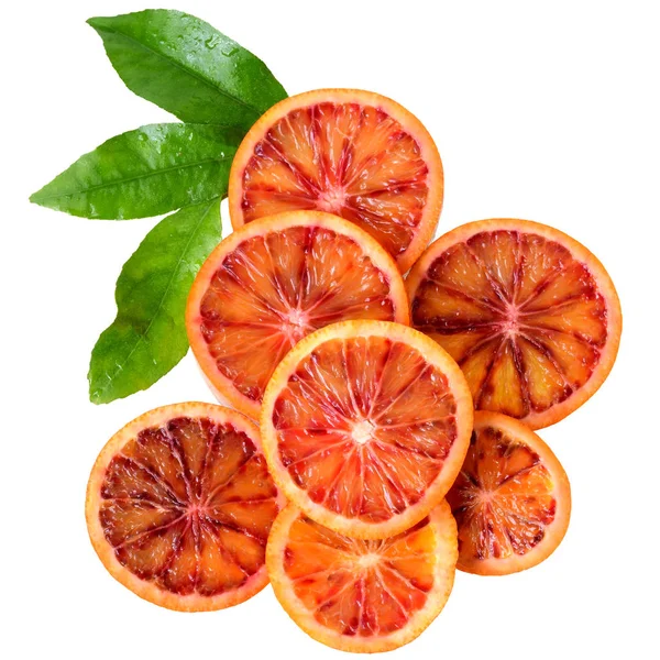 Blood orange slice with leaf top view isolated — Stock Photo, Image