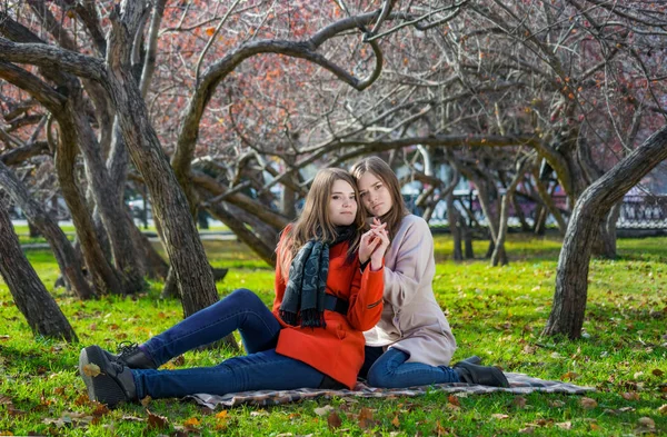 Две симпатичные девушки сидят на лужайке в парке — стоковое фото