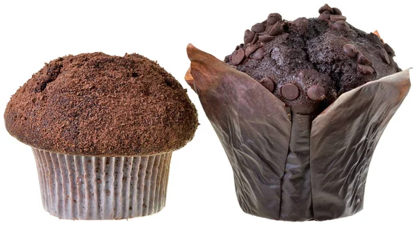 Set donkere muffin versierd met chocolade chip Geïsoleerd — Stockfoto
