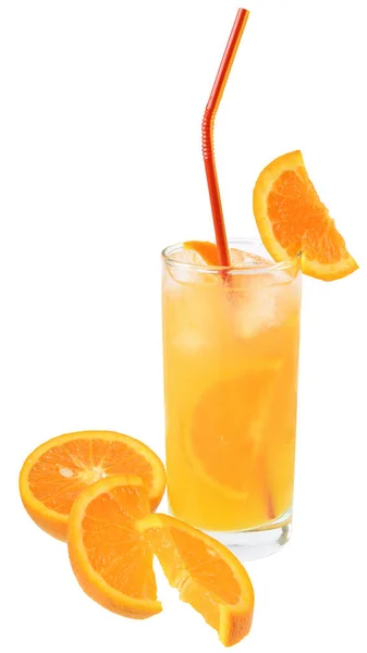 Cocktail Orange Juice Ice Cube Highball Glass Isolated White Background — Stock Photo, Image