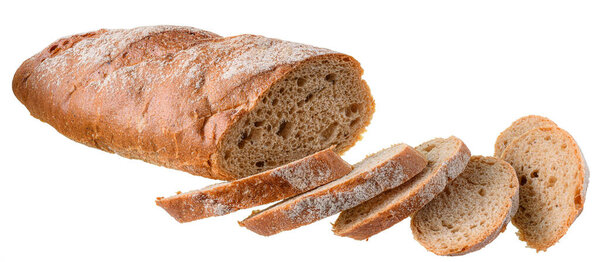 Cut brown grain rye bread isolated on a white background.