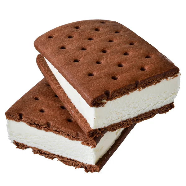 Sándwich Vainilla Helado Galletas Chocolate Aisladas Sobre Fondo Blanco —  Fotos de Stock