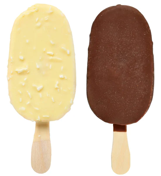 Twee Ijsjes Een Stokje Bedekt Met Donker Wit Chocolade Glazuur — Stockfoto