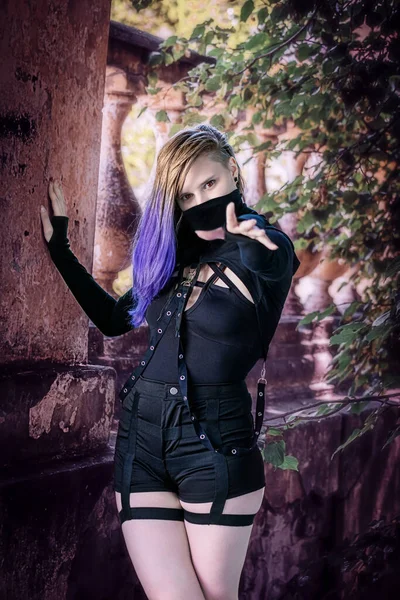 Girl Scares Aggressive Gesture Black Protective Mask Black Clothes