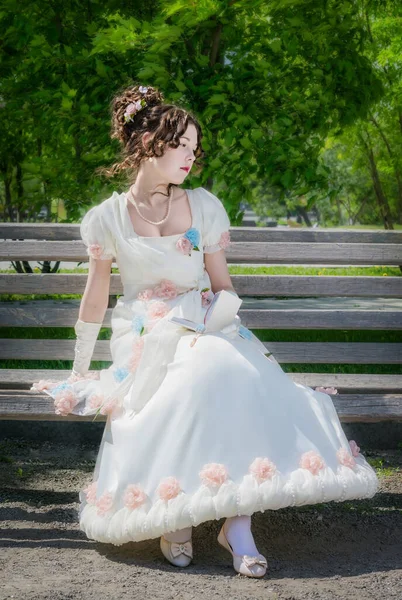 Portrait Young Bride Woman Historical White Dress Book Hands Outdoors — Stock Photo, Image