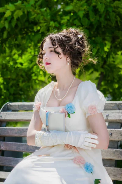 Portrait Young Bride Woman Historical White Dress Book Hands Outdoors — Stock Photo, Image