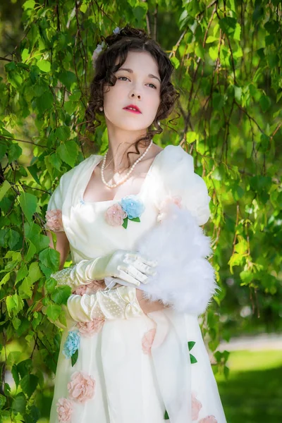 Beautiful Woman Vintage Dress Bride Fan Her Hands Spring Garden — Stock Photo, Image