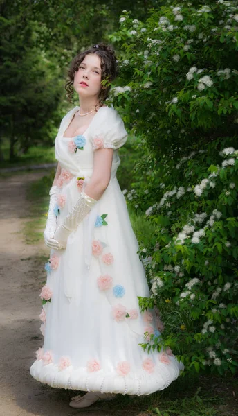 Young Woman Elegant Long White Bride Dress Blooming Tree Spring — Stock Photo, Image