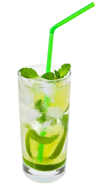 Cocktail Mojito Con Lime Menta Foglia Isolata Fondo Bianco — Foto Stock