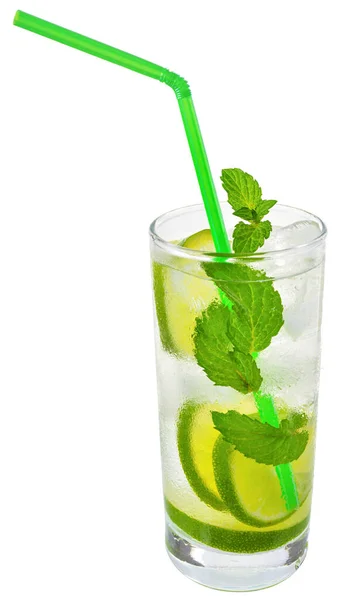 Mojito Cocktail Med Lime Och Blad Mynta Isolerad Vit Bakgrund — Stockfoto