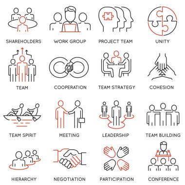İş süreci, takım çalışması ve insan kaynakları yönetimi ile ilgili doğrusal simgelerin vektör kümesi. Mono line pictogram ve infografik tasarım elementleri