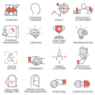 İş yönetimi, strateji, kariyer ilerlemesi ve iş süreçleriyle ilgili düz doğrusal simgeler kümesi. Mono hattı düz piktogramlar ve bilgi grafikleri tasarım elementleri - 3