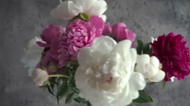 Cam vazo içinde sunulan renkli şakayık buket. Taze bahçe peonies.