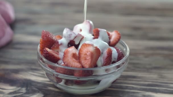 Pouring Cream Fresh Strawberries Fruits Desert — Stock Video