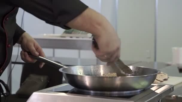 Chef Puts Sliced Meat Baking Sheet — Stock Video