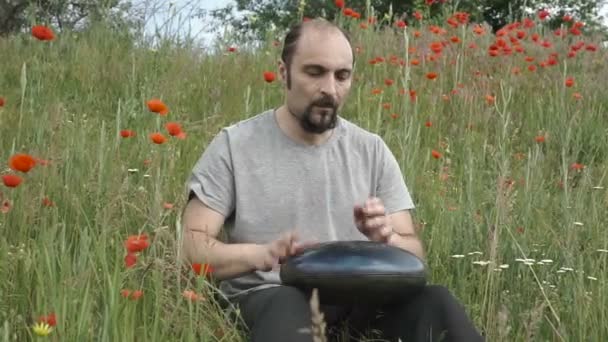 Drummer Actie Man Zittend Het Gras Het Spelen Van Handpan — Stockvideo