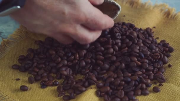 人手触摸高品质咖啡豆散 包黄麻 慢动作 — 图库视频影像