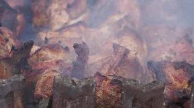 Barbekü et üzerinde kömür ızgara. Lezzetli ızgara et. Portre.