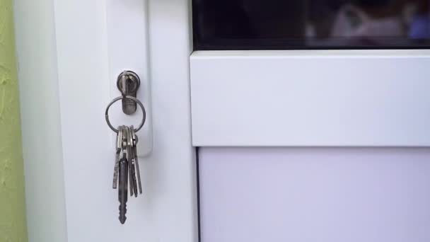 Las Mujeres Abren Puerta Cierra Puerta Bienvenido Casa — Vídeo de stock