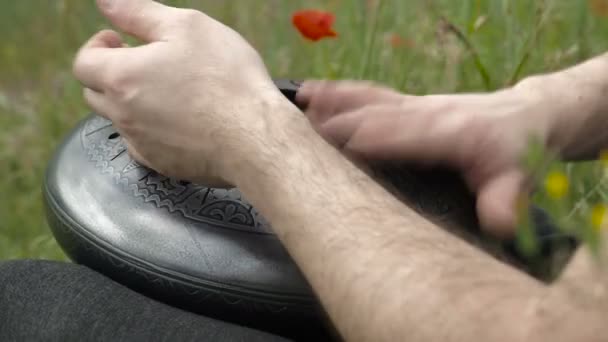 アクションのドラマー 草の上に座って Handpan またはハング再生を男します ハングは 伝統的な民族ドラム楽器です — ストック動画