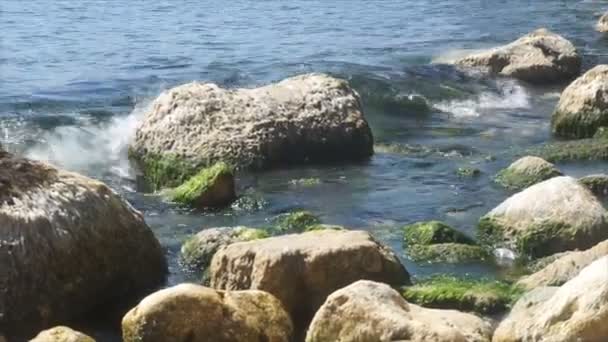 Stenblock Vid Havet Spolades Ren Vågor Solig Dag — Stockvideo