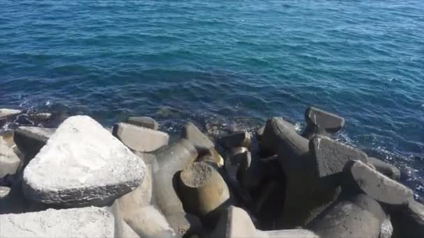 Betongusskonstruktionen Aus Großen Steinen Die Als Wellenbrecher Konstruiert Werden Verhindern — Stockvideo