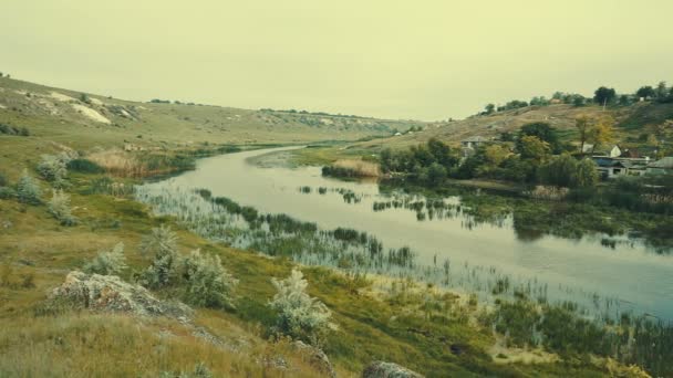 Venkovská Krajina Zelená Louka Řeky Vesnice Malými Domy Břehu Řeky — Stock video