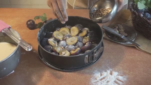 Mujer Preparando Pastel Con Ciruelas Comida Tradicional Casera — Vídeos de Stock