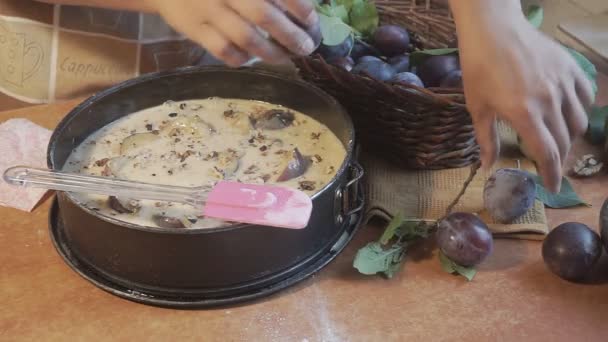 Mujer Preparando Pastel Con Ciruelas Comida Tradicional Casera — Vídeos de Stock