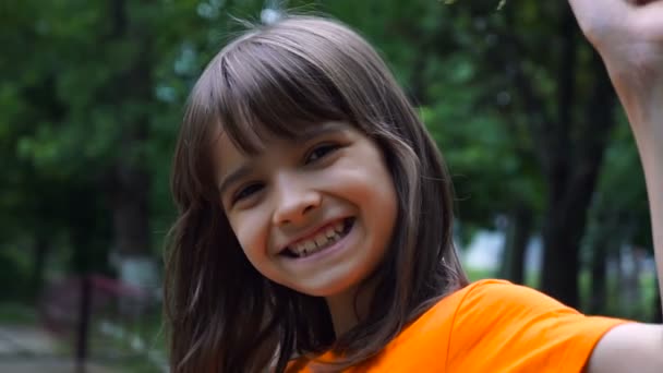 Cheerful Smiling Girl Garden Close Portrait Litle Girl — Stock Video