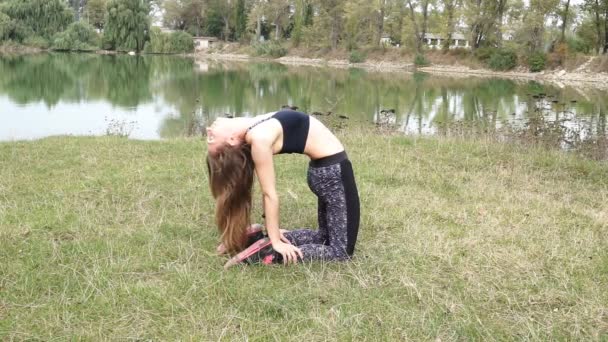 Happy Young Woman Practicing Yoga Shore Lake — Stock Video