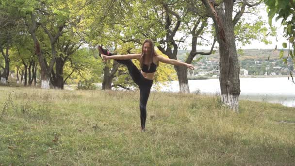 Gelukkig Jonge Vrouw Die Het Beoefenen Van Yoga Oever Van — Stockvideo