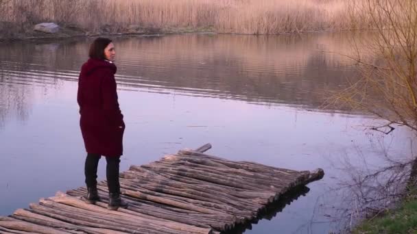 Mulher Romântica Uma Ponte Velha Olhando Para Ela — Vídeo de Stock