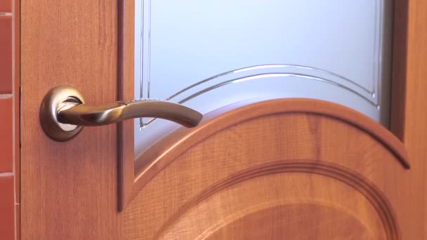 Woman Hand Opening Wooden Door Woman Leaving Room — Stock Video