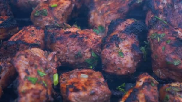 Grill Frying Fresh Meat Chicken Barbecue Sausage Kebab Hamburger Vegetables — Stock Video