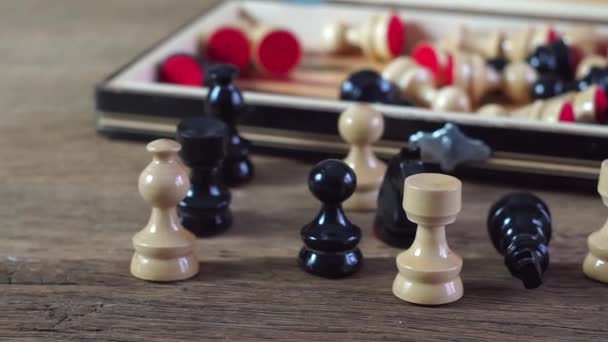 Wooden Chess Board Pieces Old Wooden Board Intelectual Game — Stock Video