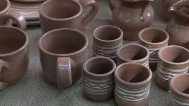 Beautiful Pottery Table Beautiful Mugs Cups Jugs All Them Made — Stock Video