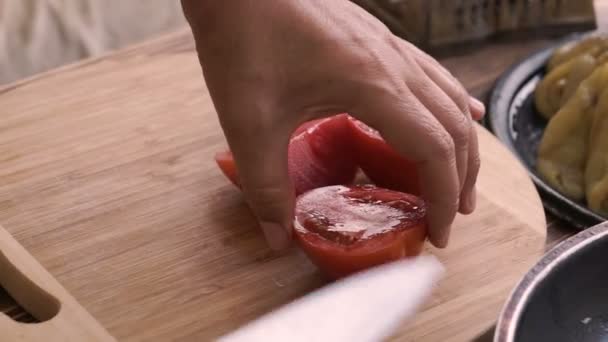 Chef Hands Putting Tomatoeson Frying Pan Onion — Stock Video