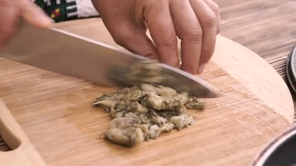 Hands Woman Cutting Grilled Eggplant Wooden Board — Stock Video