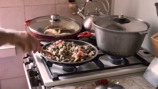 Cozinheiro Mistura Verduras Fritas Uma Panela Ato Fritar Close — Vídeo de Stock