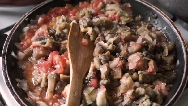 Closeup Fresh Sliced Eggplant Vegetables Frying Pan — Stock Video