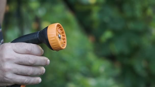 Mann hält Wassersprenger in der Hand — Stockvideo