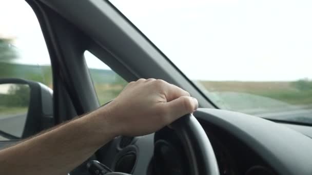 Man Hands Holding Steering Wheel Car — Stock Video